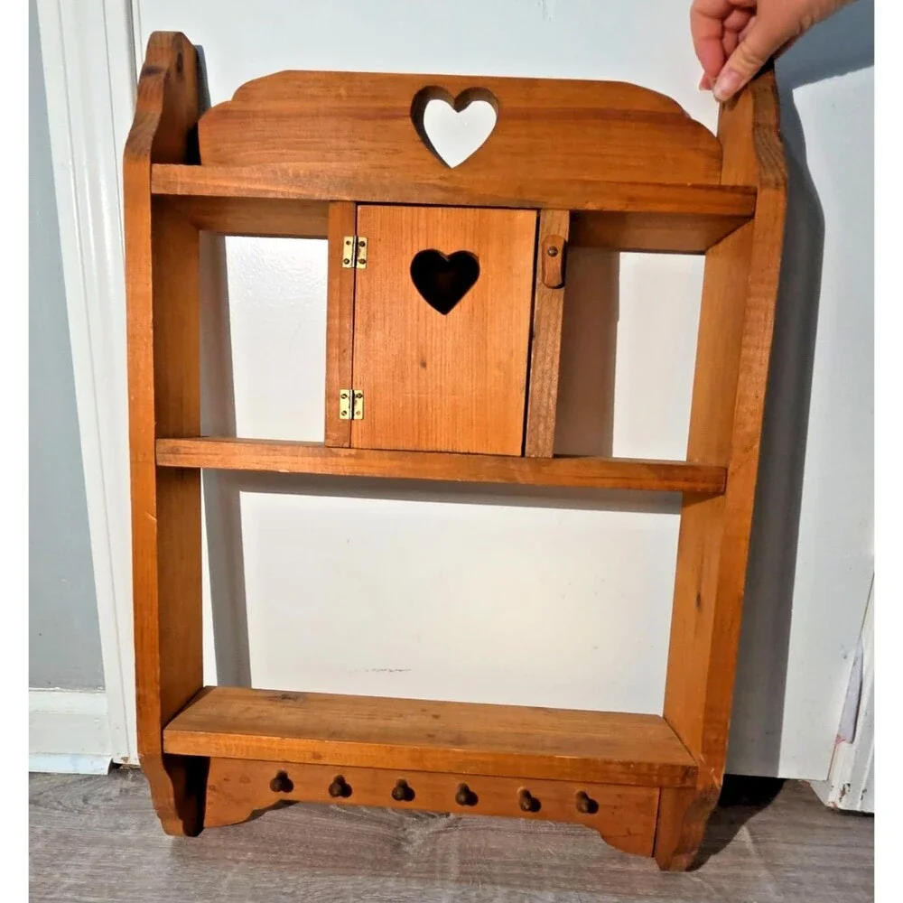 Vtg 1980s Pine Wood Heart Shelf Cabinet Peg Rail Country Farmhouse Cottagecore